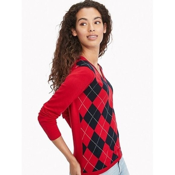 Tommy Hilfiger Red Essential Argyle Knit Long Sleeve Sweater S image 2