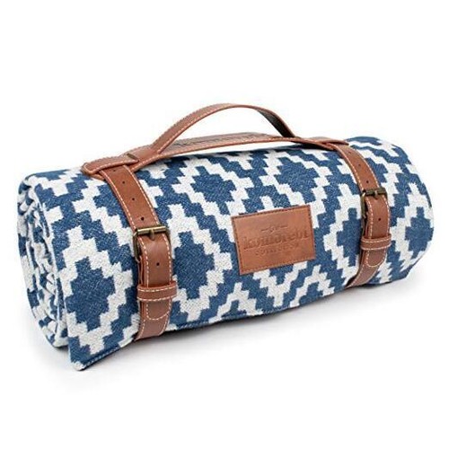 Large Outdoor Waterproof Picnic Blanket (78"x59") - 100% Cotton - Leather Blue