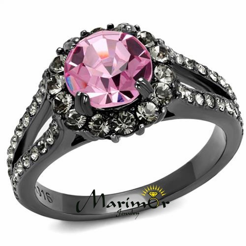 Light Black Stainless Steel 2.87 Ct Light Rose Crystal Halo Engagement Ring - Picture 1 of 5