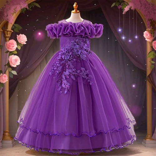 Kids Girls Floral Mesh Dress Formal Gown Party Prom Ball Dance Performance Dress - Picture 3 of 20