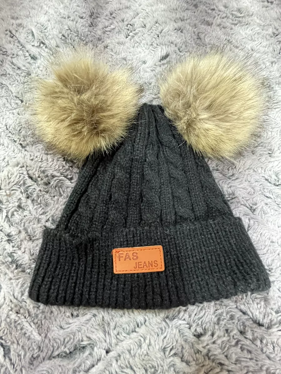 Fas Jeans Girl's Solid Black Knit Two Pom Beanie Stocking Hat