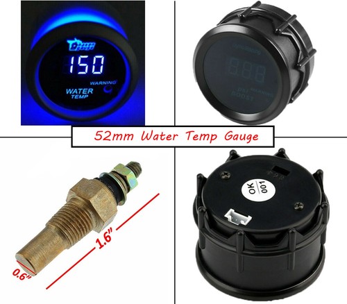 52mm Digital LED Water Temperature Gauge - 100-250°F With 40mm Sensor Adapter