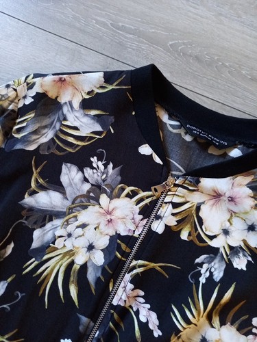 Dorothy Perkins Black Floral Bomber Jacket Zip Front Black Ribbing Casual UK12 - Picture 10 of 20