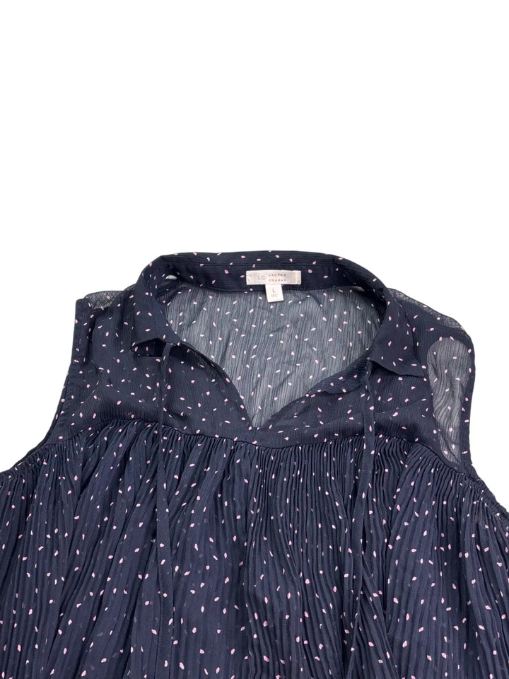 LC Lauren Conrad Sleeveless Pleated Top L Sheer Navy Blue Pink Abstract Dots - Image 2 of 4