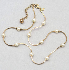 Vintage Monet Faux Pearl Station Necklace Gol...