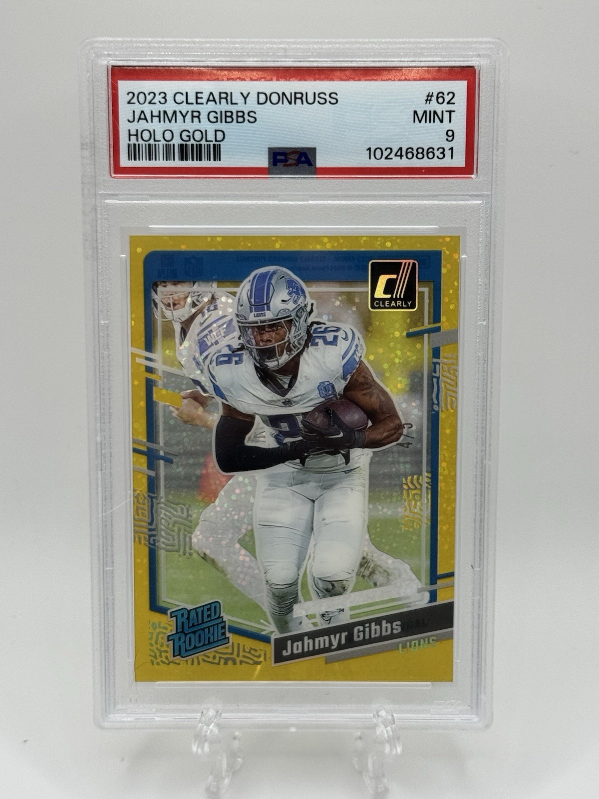 2023 Panini Clearly Donruss Jahmyr Gibbs #62 Holo Gold /5 (AU, RC)
