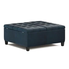 Pemberly Row Traditional 36"  Faux Leather Ottoman in Distressed Dark Blue