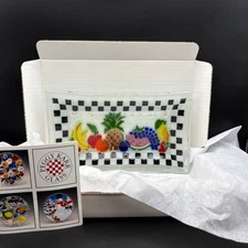 Peggy Karr Fused Glass Tray with fruit and black and white checker border SIGNED