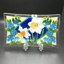 Peggy Karr Fused Glass Daffodil Tray Artist Signed Vintage