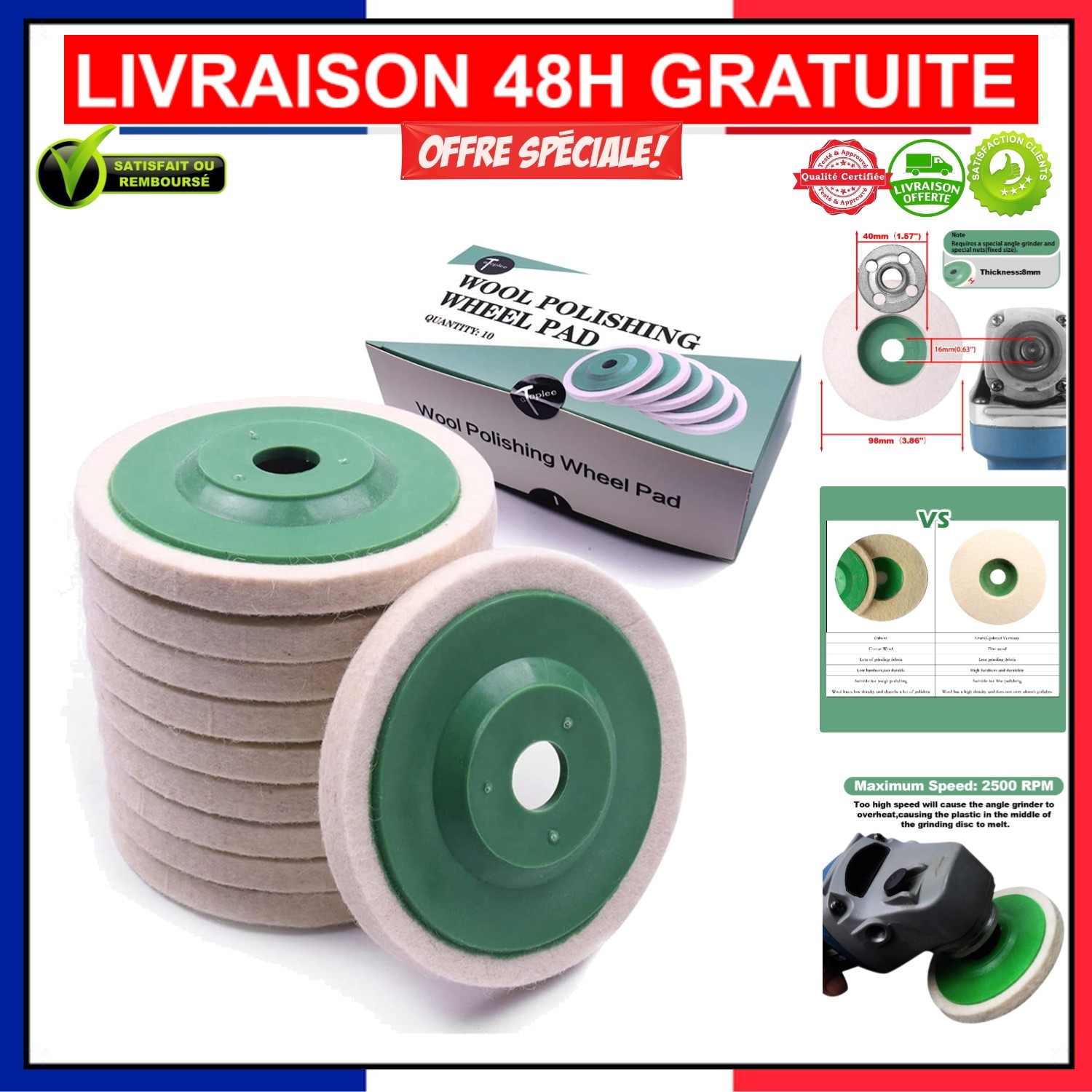 Disques de polissage en laine meuleuse d'angle 98mm ATOPLEE tampon lustrage