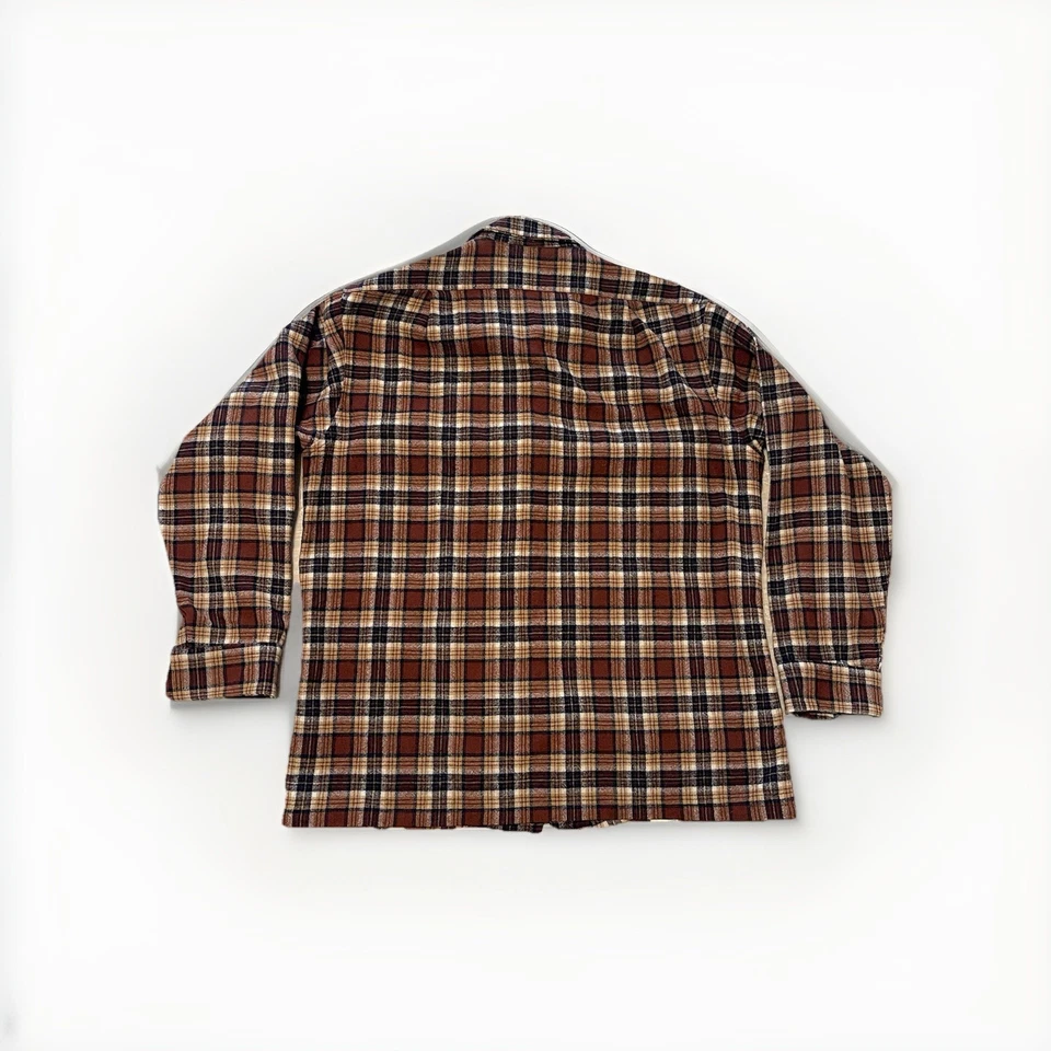 Vintage 60s Pendleton Board Shirt Men Large Wool Brown Plaid Loop Collar - Image 2 of 4