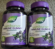 2 New Nature's Way Sambucus Immune Elderberry Gummies 60 Ea w/ Zinc Vitamin C D3