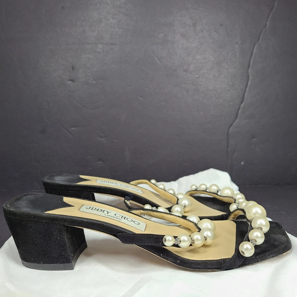 Jimmy Choo Amara 45 замшевые мулы жемчужное украшение блочный каблук Италия черный размер 6 - Изображение 4 из 4