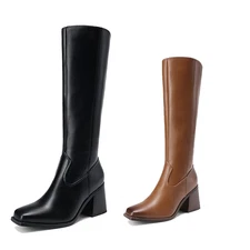 Women Low Chunky Heel Square Toe Gogo Boots Side Zipper Knee High Boots