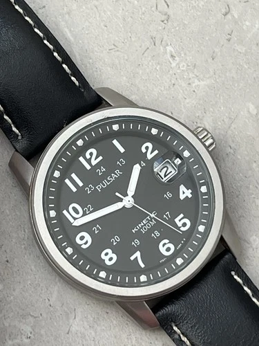 Pulsar (Seiko) Kinetic Military Watch Men’s Silver Black White 38mm Vintage