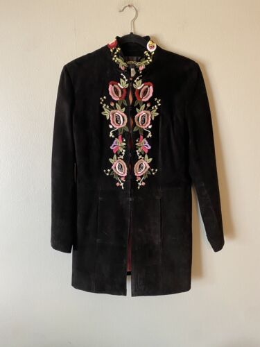 MetroStyle Black Leather Embroidered Floral Coat