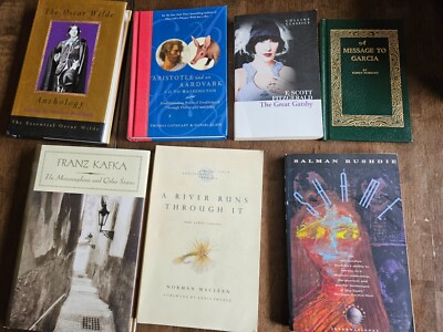 7 Book Lot Great Authors Kafka, Fitzgerald, Rushdie, Oscar Wilde, Norman MacLean