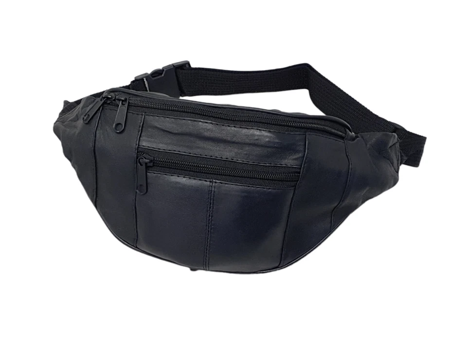 Genuine Black Leather Waist Bum Bag Money Belt Hip Pouch Holiday Travel Wallet - Image 2 of 4