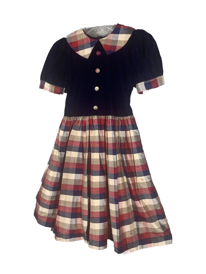 Vintage Sara Lene Dress Size 8 Purple Gold Plaid Silk & Velvet Heirloom 90’s USA - Image 2 of 4