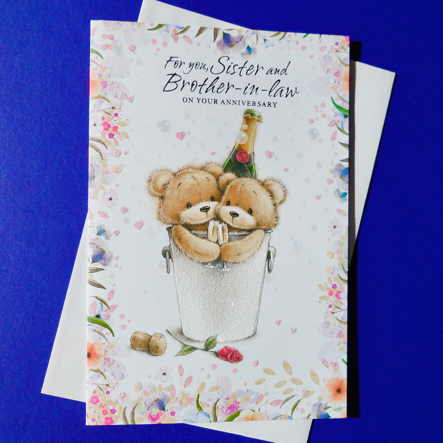 Sister And Brother In Law On Your Anniversary Card Cute Bear Celebrating Floral