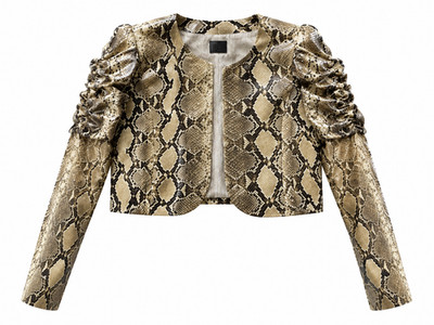 Genuine Python Snake Skin Cropped Jacket Ruched Puff Sleeves Beige Brown XS-S