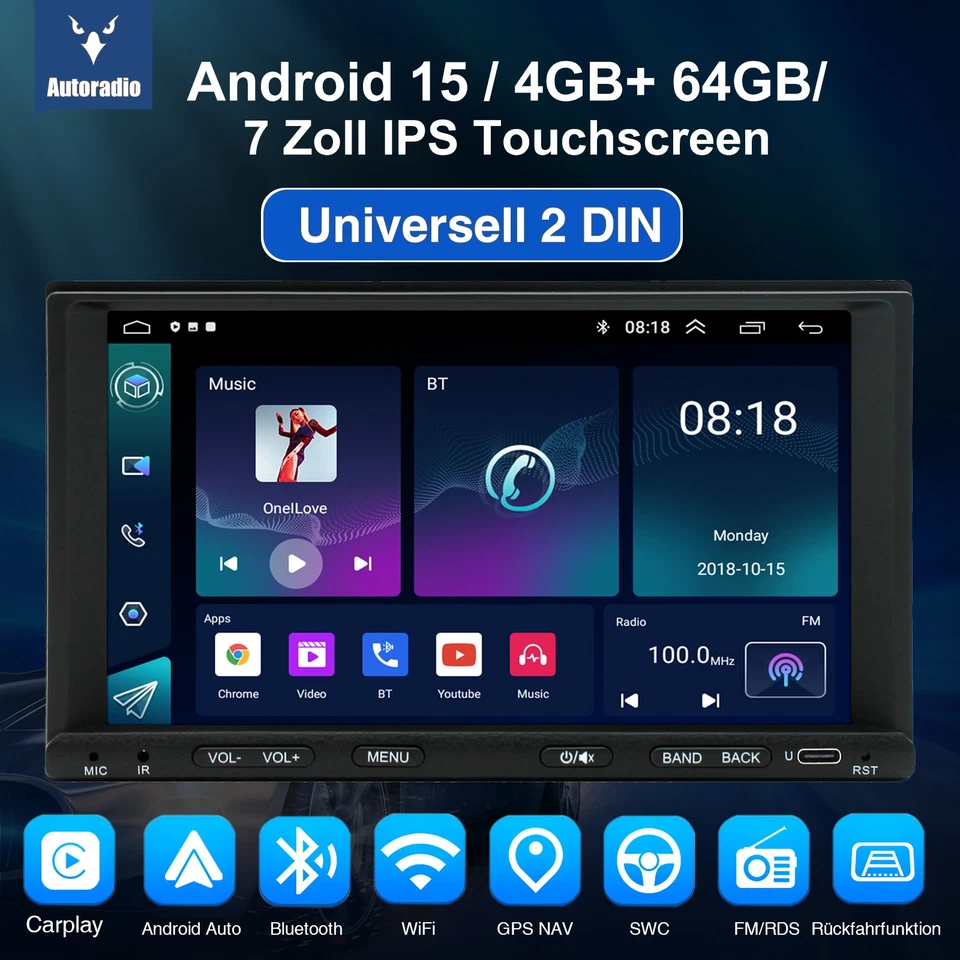 7" 2 DIN DAB+ Android 14 4+64G Carplay Autoradio GPS Navi RDS Bluetooth MIK +Kam - Bild 2 von 4