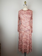 Vintage Nylon Mesh Long Sleeve Rust Allover Pattern Midi Dress Ladies Size Med