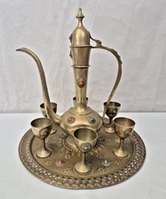 Vintage Middle Eastern Jeweled Dallah Brass Coffee Set Turkish with Tray N3