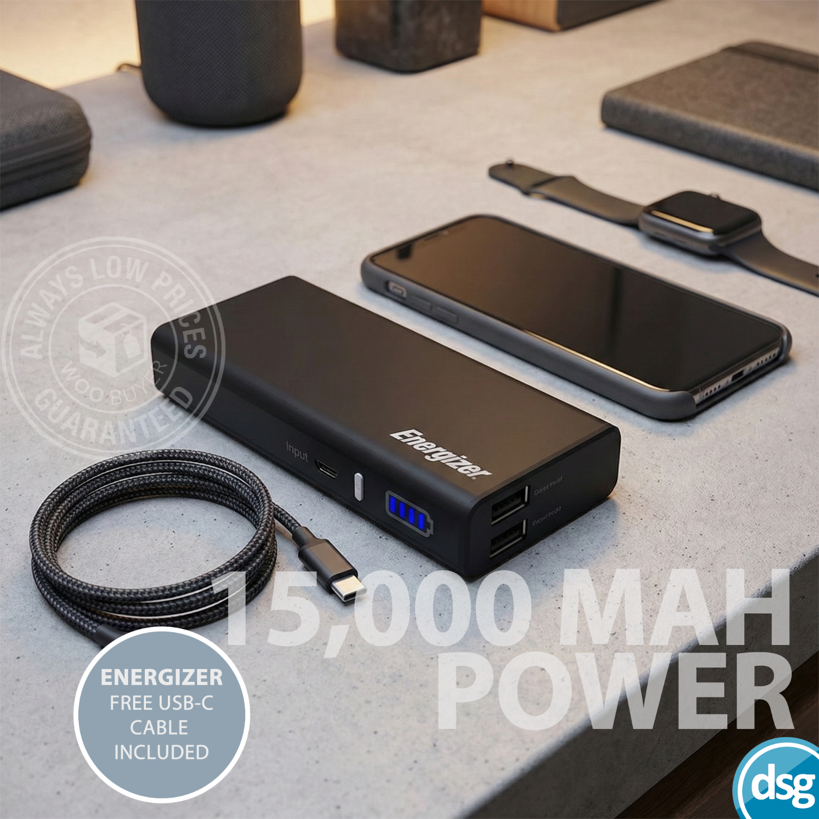 Energizer Portable Power Bank Charger Power Pack 15000mAh UE15000 - Black