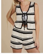 NEW ME Striped Crochet Knit 2-Piece Set Tie-Front Vest Shorts. Sz S. NWT