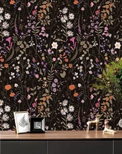 Jiffdiff Retro Blooming Daisy Floral Wallpaper Black Peel & Stick Contact Paper