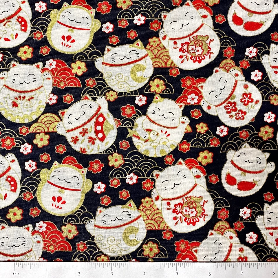1/2 Yard Japanese Fortune Cat Maneki Neko With Metallic Gold Cotton Fabric  - image 3 of 4