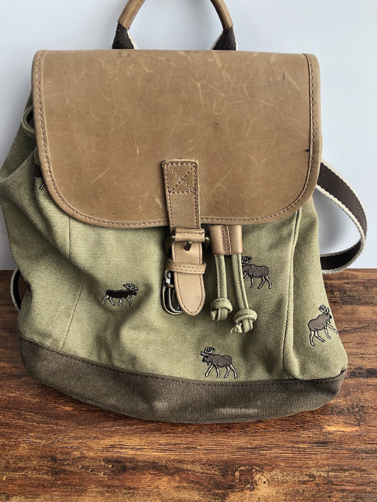 LL Bean Continental Rucksack Waxed Canvas & Leather Backpack Bag Moose