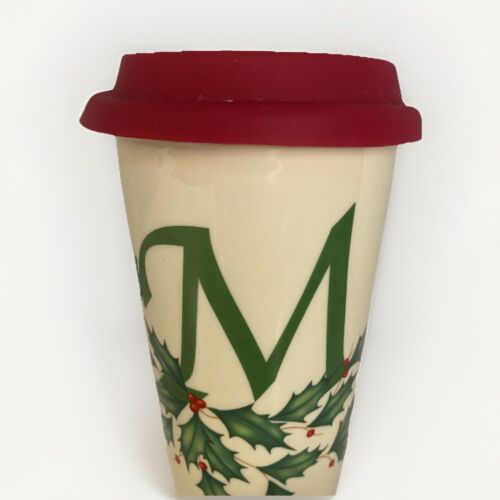 Lenox Holiday Christmas Thermal Ceramic Coffee Mug M Monogram Red Silicone Lid - Picture 2 of 7
