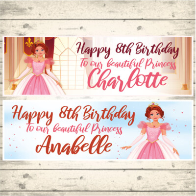 2 PERSONALISED PRINCESS PINK PARTY BANNERS - CHOICE OF TWO - ANY NAME & AGE