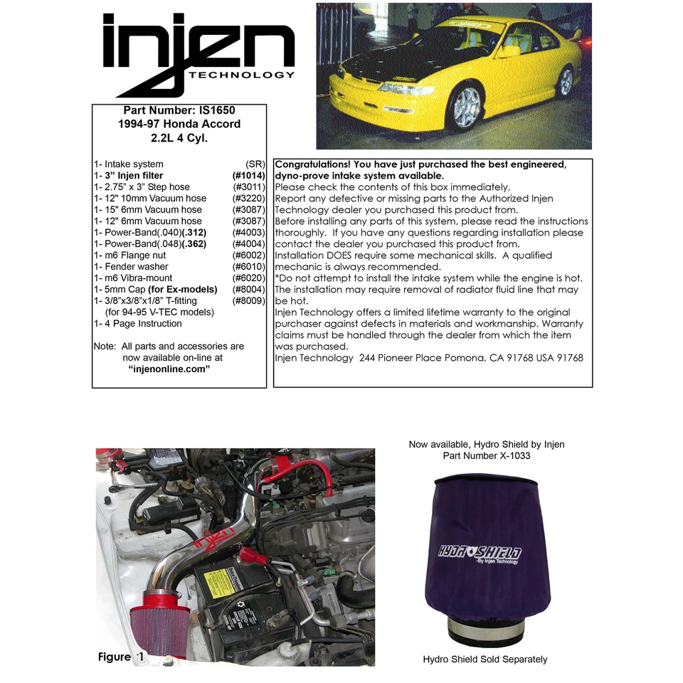 Entrada de aire frío Ram corta de aluminio Injen IS1650P para Honda Accord 1994-1997 2,2 L Foto 4 de 4