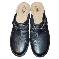 Clarks Bendables Women's 10N slip on Mule Clog Black Leather Shoes Comfy DesignT