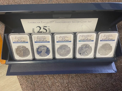 2011 Silver American Eagle 5 Coin Set, 25th Anniversary COA, OGP, All NGC 70's