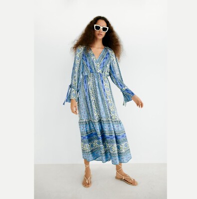 ZARA Paisley Patchwork Floral Silky V Neck Ruffle Hem Maxi