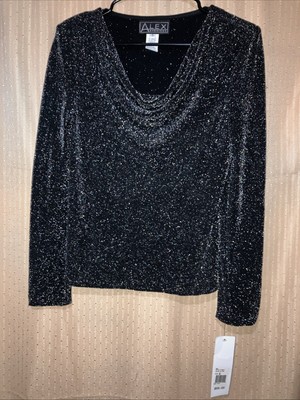 Alex Evenings Black Glitter Formal Evening Top Small Slouched Neck