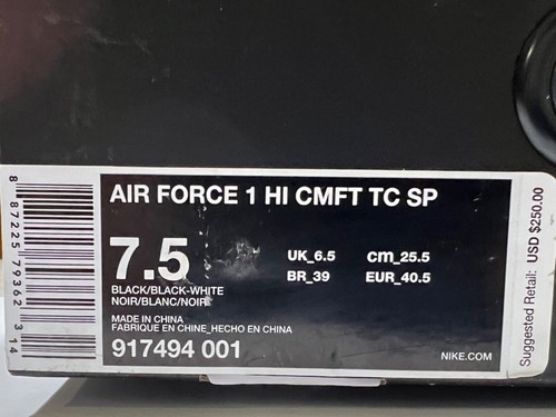 NIKE Air Force 1 High CMFT TC SP Black & White US Sz 7.5 917494-001 - Picture 9 of 9