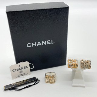 Auth Chanel Coco Mark Logo Beige x Silver Ring/Earrings Set2 W/Box SK120512