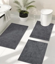  Bathroom Rug Set 3 Piece Grey, Non Slip Quick Dry Absorbent Bath Mat Set, 