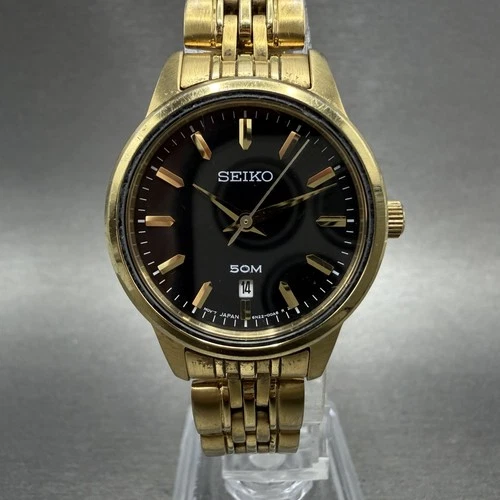 Seiko Watch Women 29mm Black Dial Gold Tone Date Round 6N22-00A0 New Battery AB