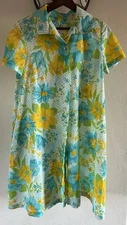 Vtg 70s House Dress Size 10 Mod Abstract Floral Print Yellow Blue Smart Time