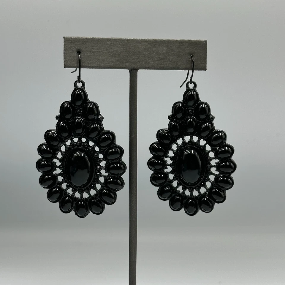 Pendientes llamativos lágrima negra facetados ovalados con cuentas cuelgan góticos 2,5 pulgadas Foto 2 de 4