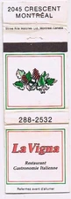 Matchbook Cover La Vigna Restaurant Gastronomique Italienne Montreal Quebec