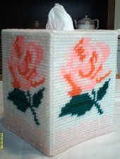 "Peach Rose" Tissue Box Cover Plastic  Yarn Finished