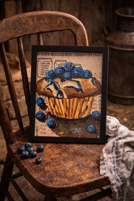 Blueberry Muffin Painting Kitchen Wall Art Cozy Bakery Decor Framed 8x10