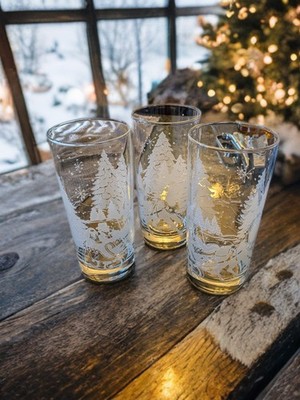 3 Vtg AVON Arcoroc France ''Through The Woods'' 6.25 in. Tumblers- Christmas 1995